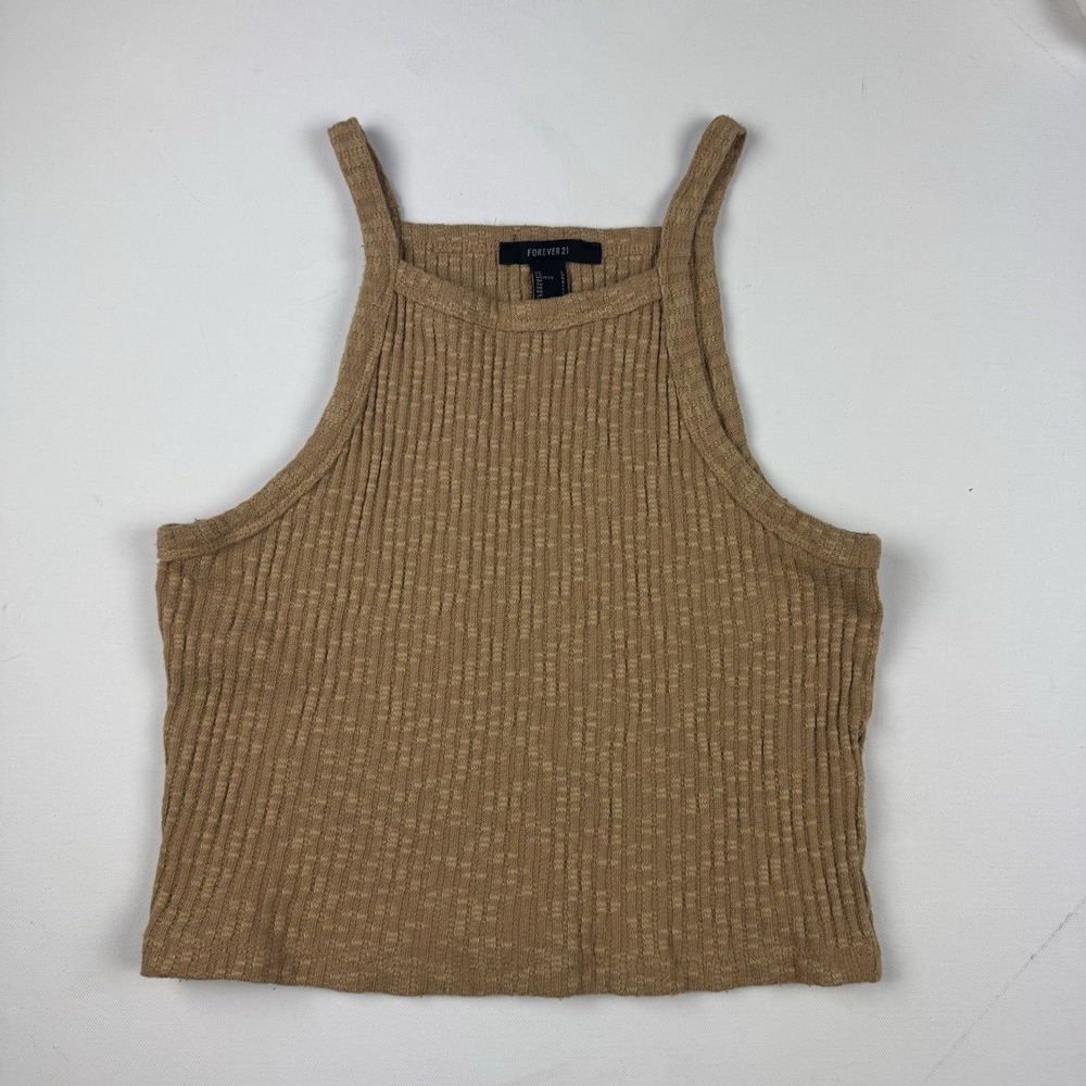 Forever 21 Womens Large Camel Ribbed Knit Crop Tank Top Square Neck Sleeveless